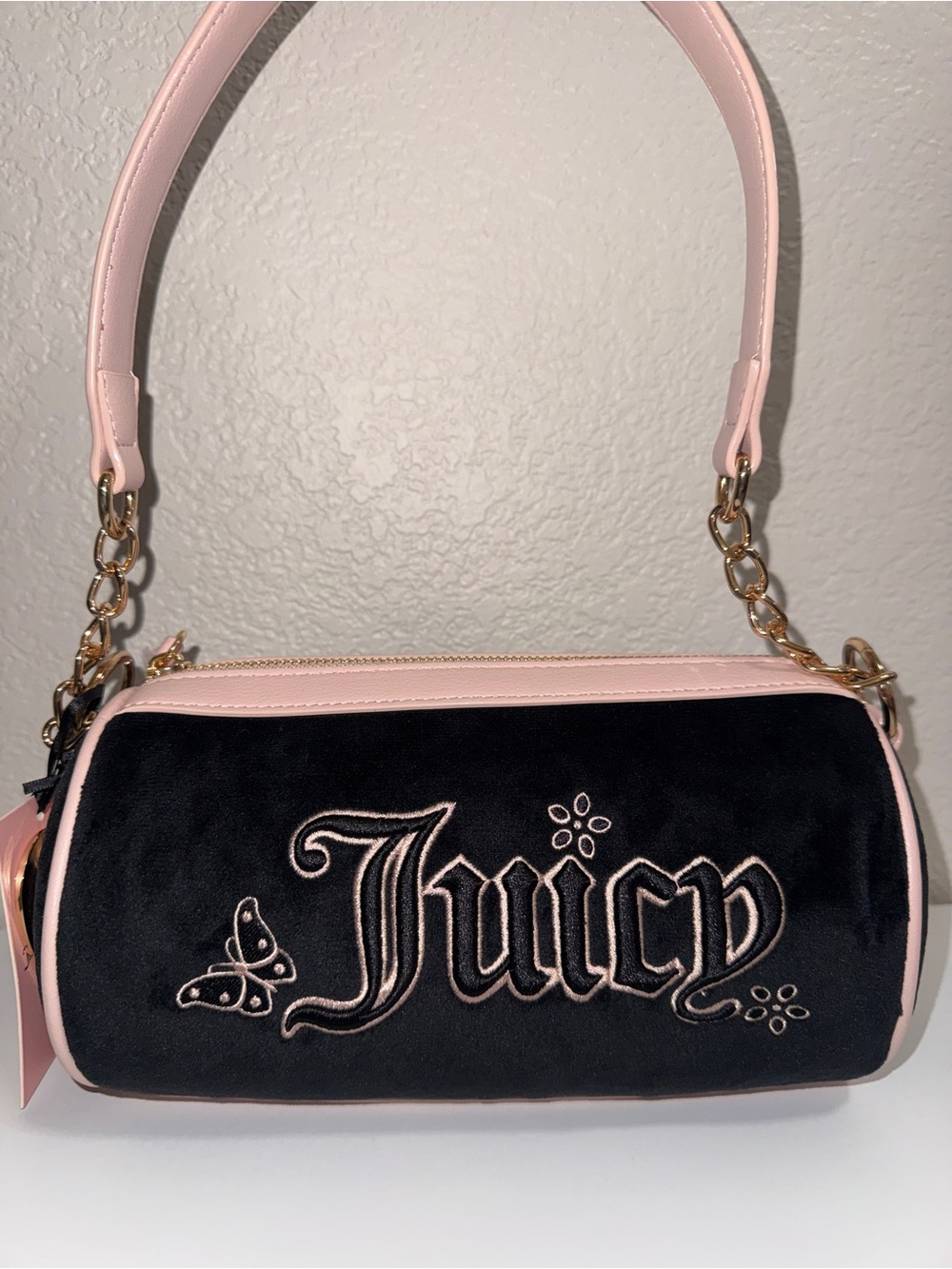 Juicy Couture Black Velvet Mini Barrel Bag with Pale Pink Trim